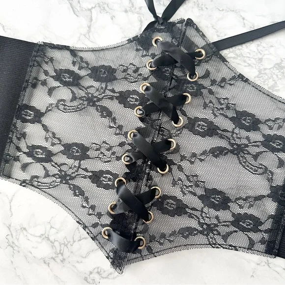 Romantic Black Lace Corset Style Waist Belt Stretch Snap Back Closure Size Small - Picture 11 of 12
